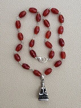 CARNELIAN NECKLACE W/ 925 SILVER BUDDDHA--19"